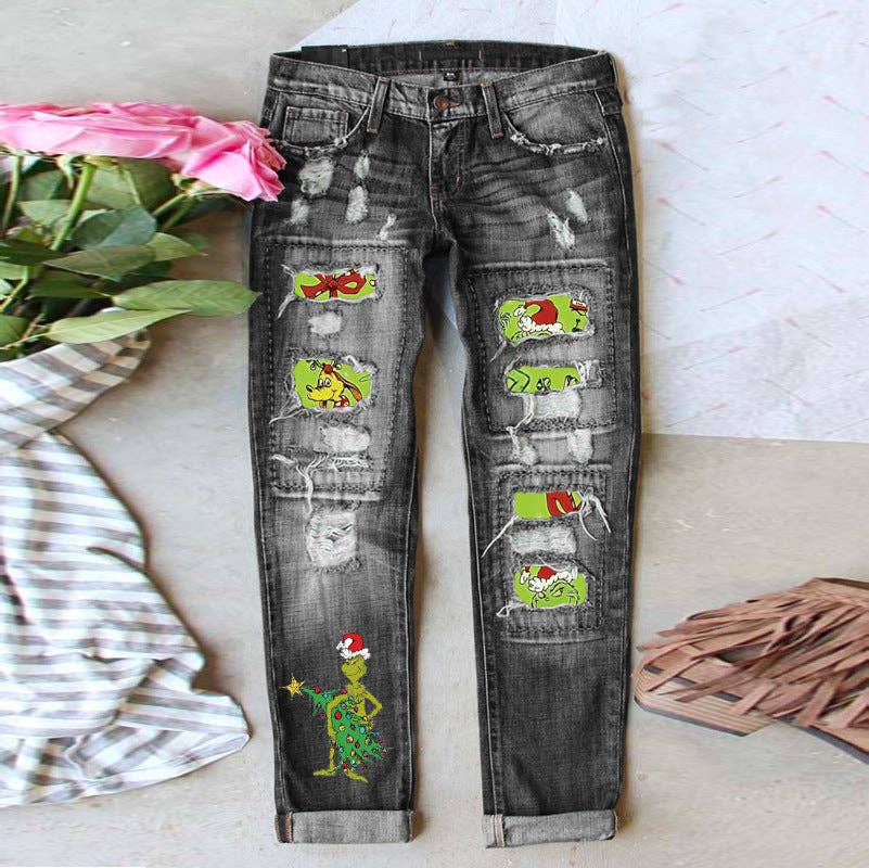 Suhkasana - Wholesale Jeans - Women's - Women’s Ripped Straight Leg Jeans with Christmas Grinch Patches