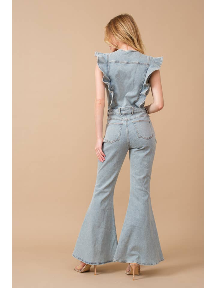 Blue B - Wholesale Jumpsuit - Women's - 22646R - Ruffle SLV Button Up Bell Bottom Denim Jumpsuit