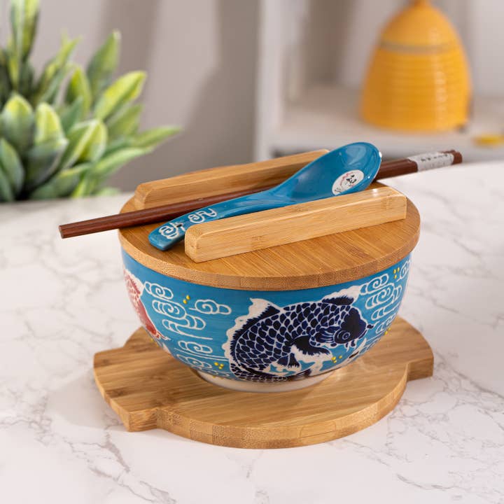 Urban Tokyo - Wholesale Serve Bowl - Japan Koi Fish Bowl w/ Chopsticks, Spoon, Lid and Trivet Set