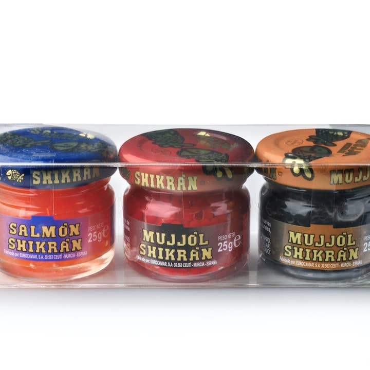 Eurocaviar - Shikran - Pack: 3 x 0.88 oz. Mullet Roe Black + Mullet Roe Red + Smoked Salmon Pearls for wholesale by Duke's Gourmet