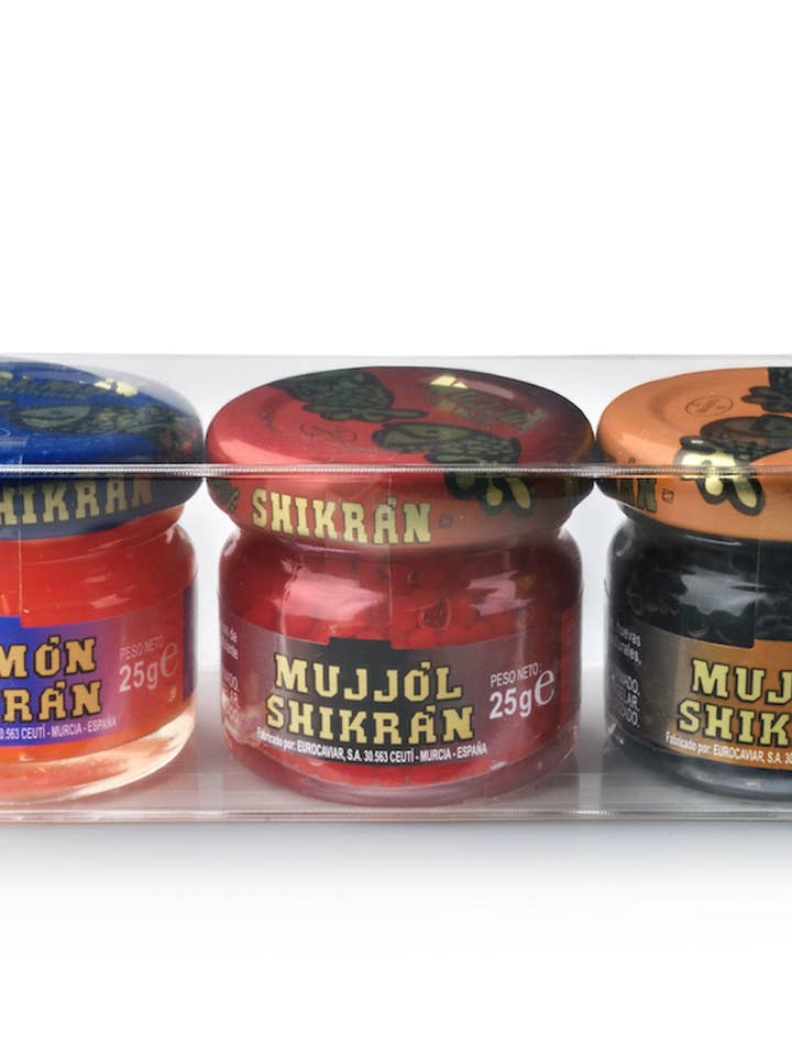 Eurocaviar - Shikran - Pack: 3 x 0.88 oz. Mullet Roe Black + Mullet Roe Red + Smoked Salmon Pearls for wholesale by Duke's Gourmet