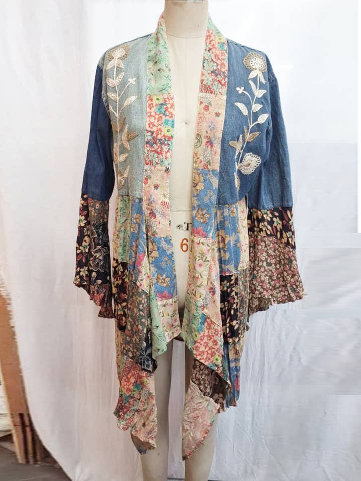 Young Threads - Wholesale Kimono - Women's - Western Boho Chic: Motif Embroidered Denim Long Shrug (NEW)7