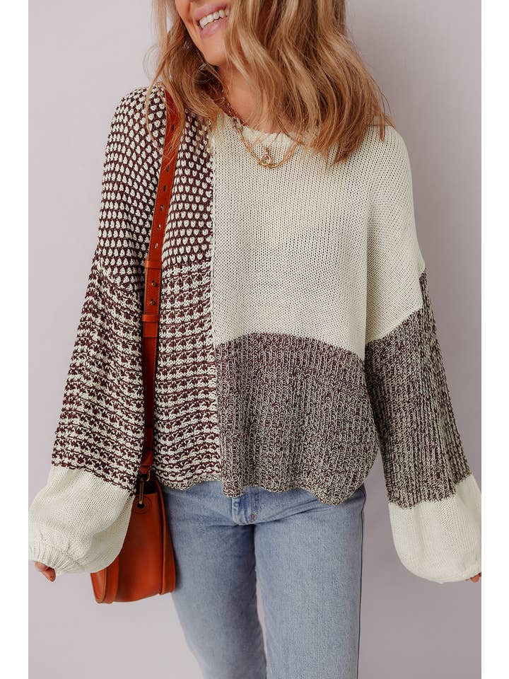 Dark Khaki LDC Color Block Back Tie Drop Shoulder Loose Sweater for wholesale on Faire2