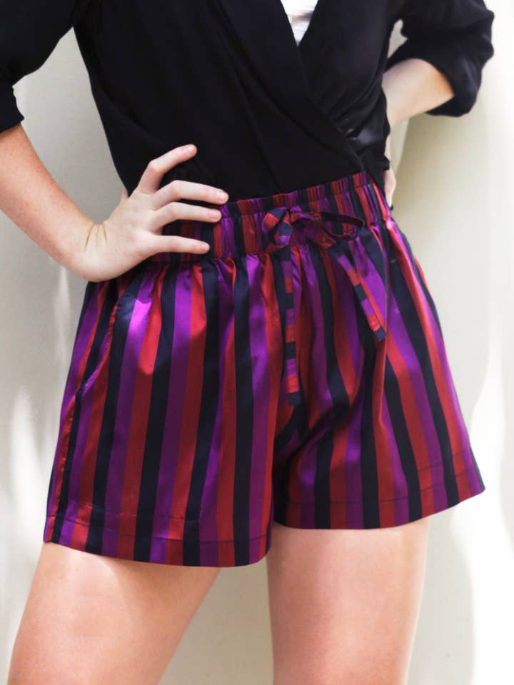 Hannah Stripe Silk PJ Style Shorts - Berry Stripe for wholesale by AMARIS - Sustainable Womens Resortwear