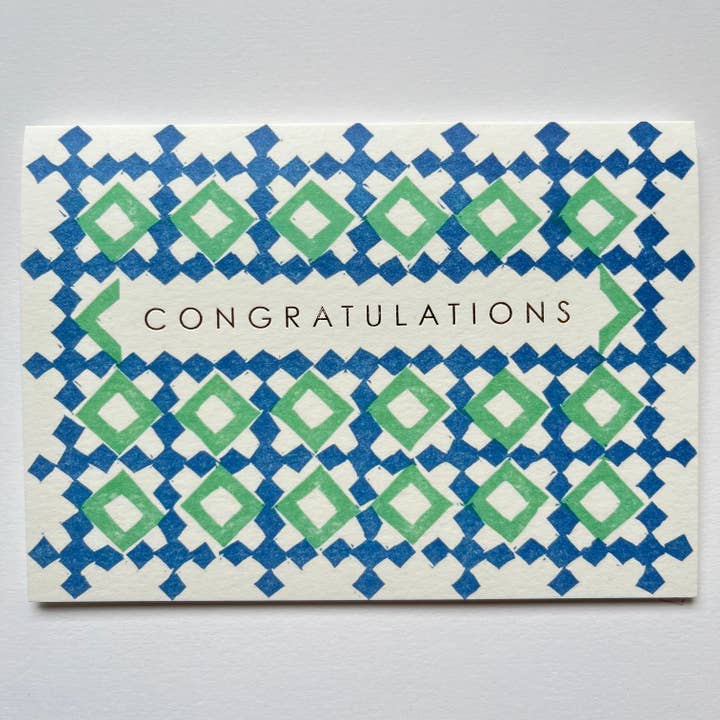 Congratulations Lattice Pattern Card in Blue and Green for wholesale by Takako Copeland
