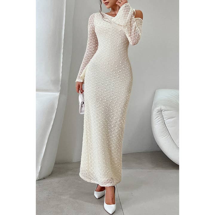 BEIGE Solid Off Shoulder Bodycon Long Sleeve Dress for wholesale on Faire3