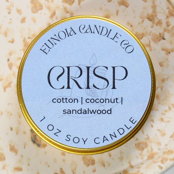 Crisp Soy Candle | 1 oz Gold Tin + Wood Wick for wholesale by Eunoia Candle Co.
