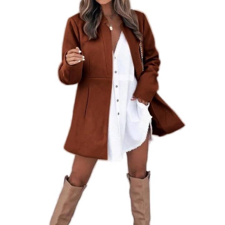 FurDecoration - Wholesale Coat - Women's - Solid Color Mid-Length Half Open Collar Tweed Coat