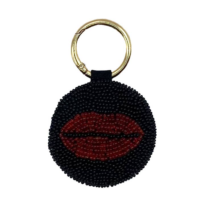 RED LIPS BLACK BEADED KEYCHAIN for wholesale by Pizzazz, Inc.