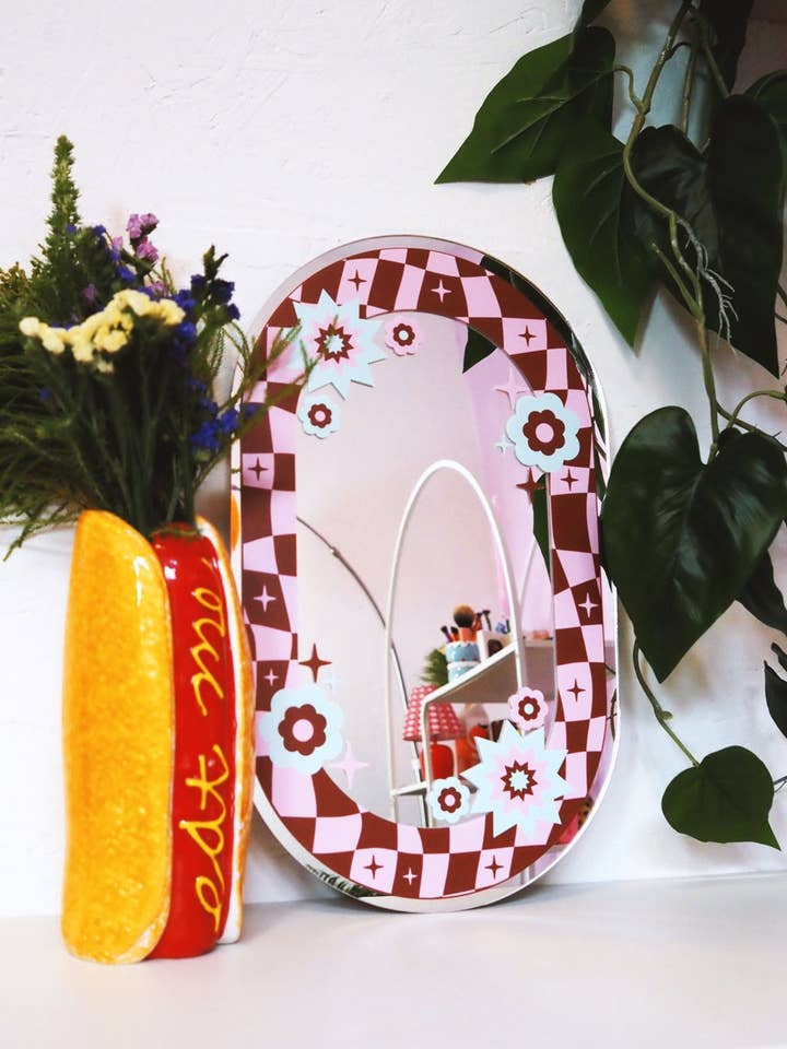 Oval Floral Check Mirror - Burgandy & Pink for wholesale by Printed Weird