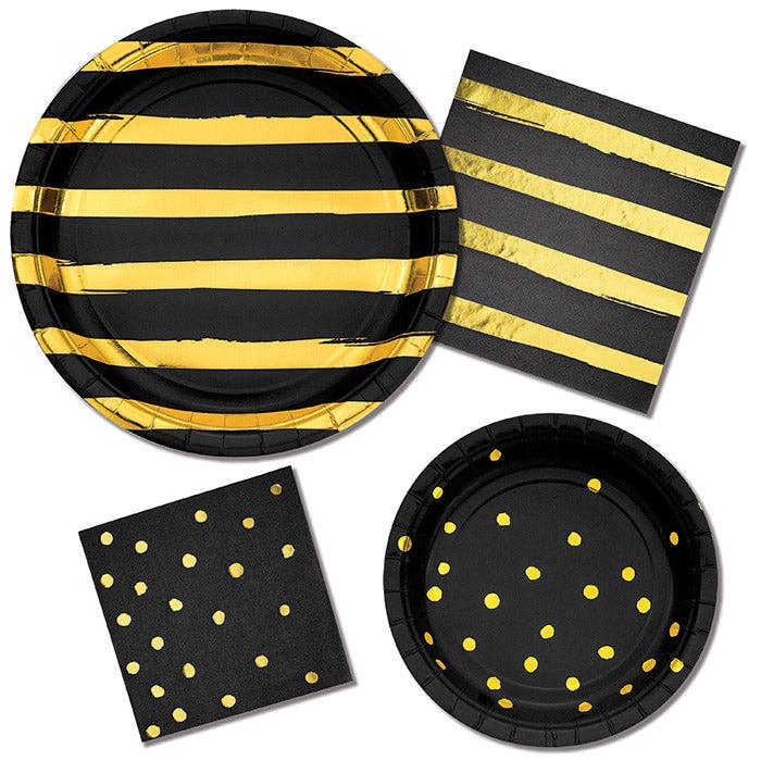 Bulk Party Decor - Wholesale Disposable Napkin - Black and Gold Foil Dot Beverage Napkins, 16/Pkg