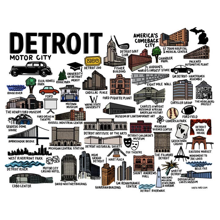 Imprimé carte Detroit couleur noire pour la vente par Whereabouts Shop