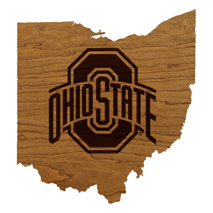 Ohio State University Block O on State Wall Hanging - Crafted from Cherry or Maple Wood - Ohio State Buckeyes for wholesale by LazerEdge