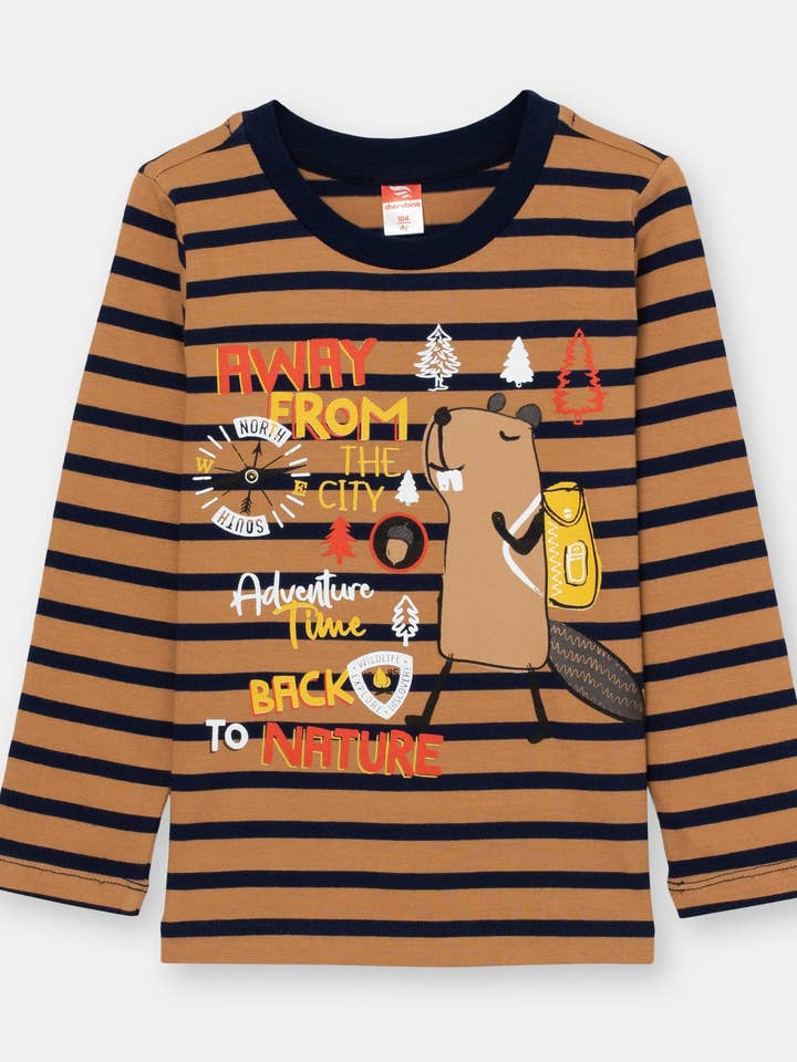 Boys Brown Long Sleeve T-shirt with Cool Beaver Print for wholesale by Cherubino