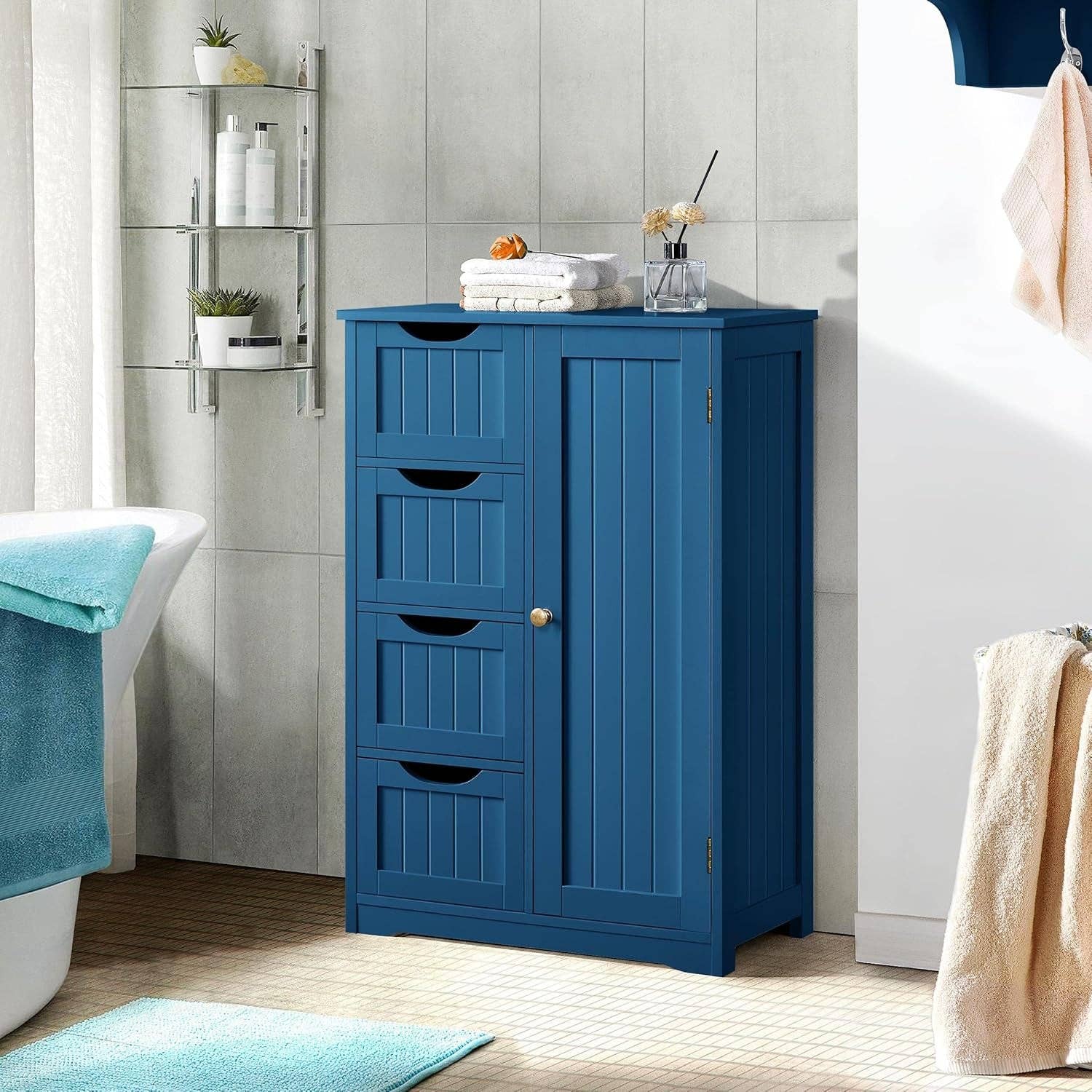 Navy Blue Wooden Bathroom Floor Cabinet With 4 Drawers And Cupboard for wholesale on Faire3