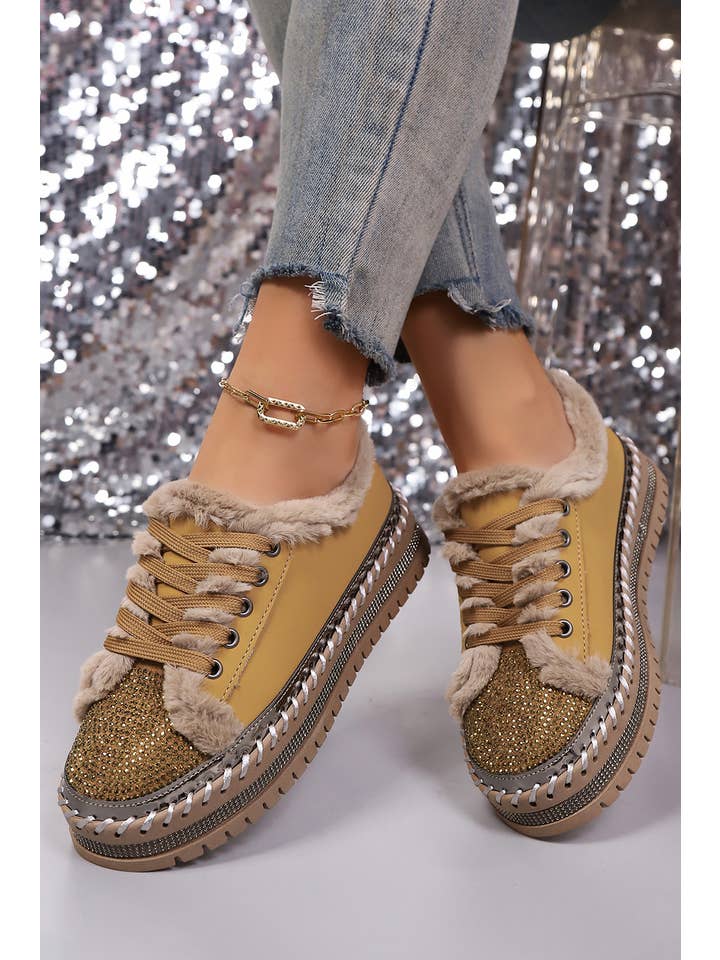 As shown Rhinestone Decor Faux Fur Lining Lace-Up Flat Shoes | US6-10 for wholesale on Faire1