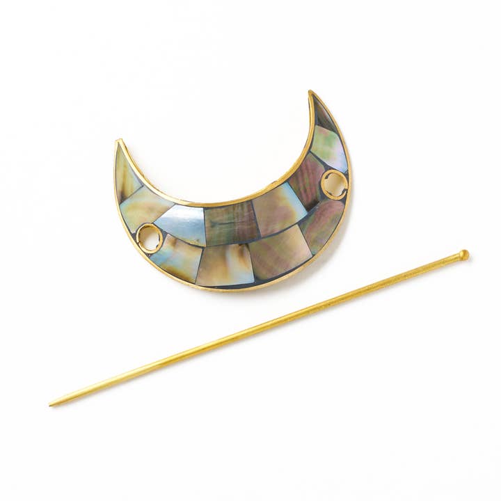 Matr Boomie Fair Trade - Wholesale Barrette - Women's - Chandra Crescent Moon Hair Pin with Stick - Mother of Pearl