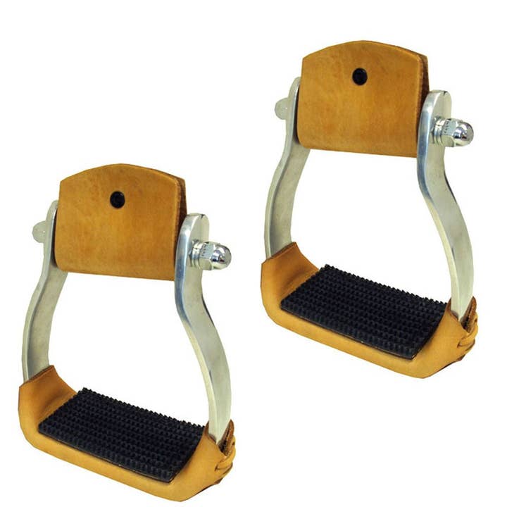 Aluminum Western Stirrups with Leather Band and Rubber Tread for wholesale by Intrepid International