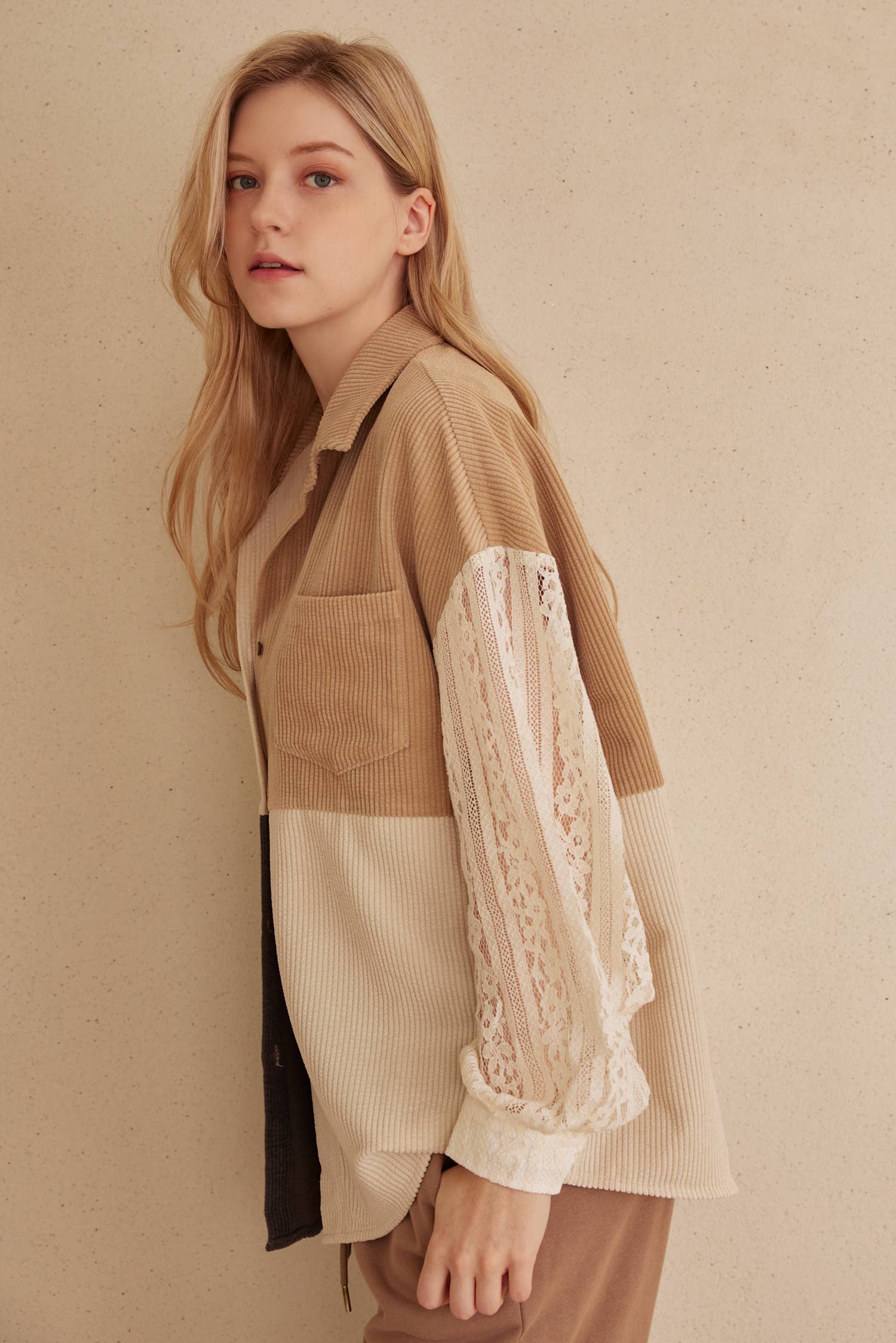 Multi Beige Color Block Corduroy Shirt with Lace Detail for wholesale on Faire1