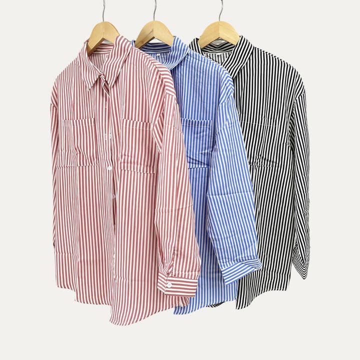 The Moment Collection - Wholesale Button Down Shirt - Women's - Actively Stripe Printed Long Sleeve Button-Up Shirt6