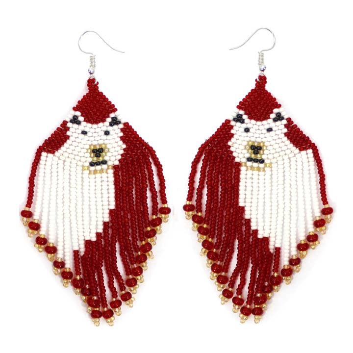 Red White Golden Seed Beaded Polar Bear Earrings Handmade for wholesale by BEADS CORNER