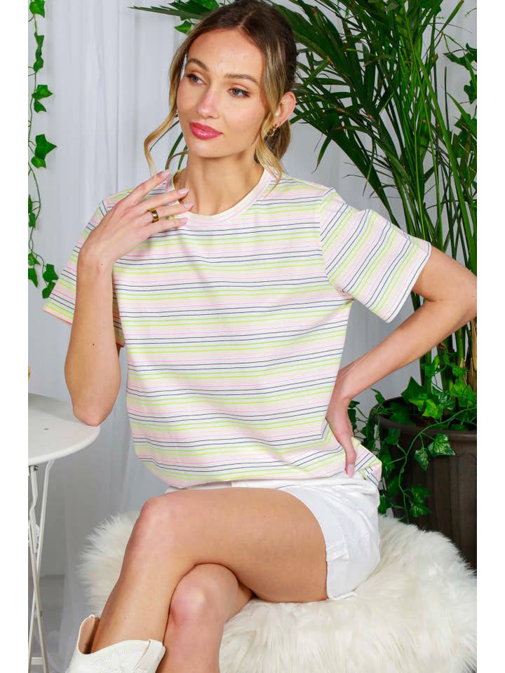 Vine & Love - Vendita all'ingrosso Maglietta - Donna - Top girocollo in cotone a maniche corte a righe multiple VT81439A17