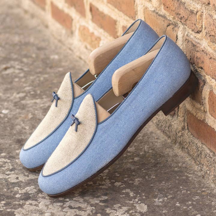 Pantoufle en lin et cuir Marcello en bleu/glacé/bleu marine pour la vente par DapperFam