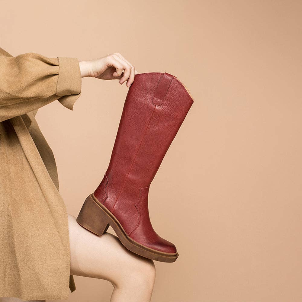 DWARVES - Vendita all'ingrosso Stivali da cowboy - Donna - Stivali al ginocchio in pelle, stivali da cowboy, stivali da equitazione retrò con tacco a blocchi, colore nero/rosso/caffè7