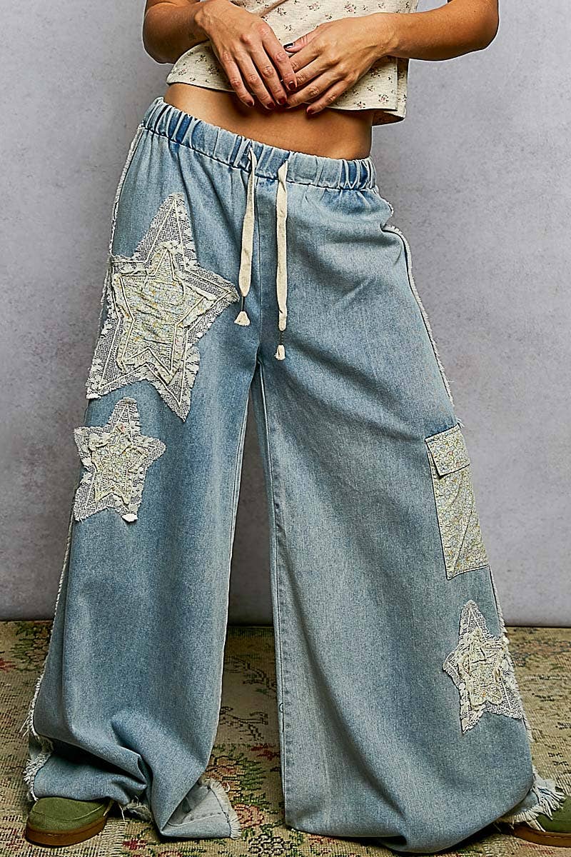 Pol Clothing - Wholesale Pants - Women's - French Terry Vintage Washing Star Patch Casual Wide Pants6