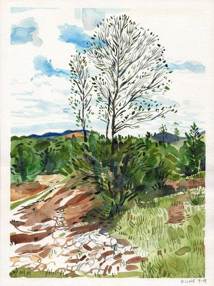 Árvore em Santa Fe, Novo México. Aquarela sobre Papel. 9" x 12". Pintura paisagem montanhas desertas John Kline, guache, decoração de parede, presentes, arte por atacado de John Kline Artwork