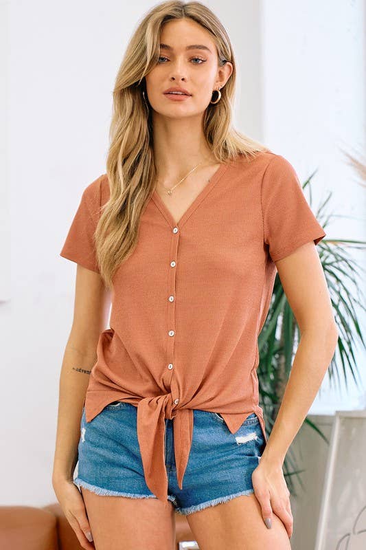 Doe and Rae - Wholesale Blouse - Women's - Front Tie Short Sleeve Button Top - 41138T4