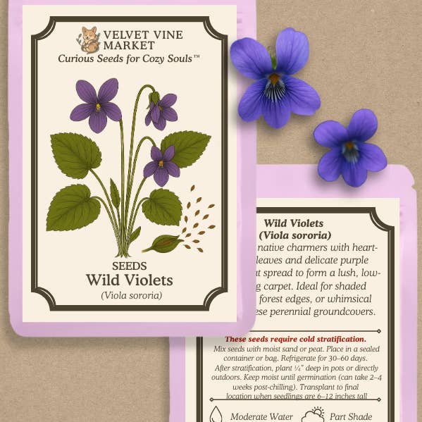 Wild Violet Seeds: Viola Sororia - Edible Perennial Blooms for wholesale by Velvet Vine Market