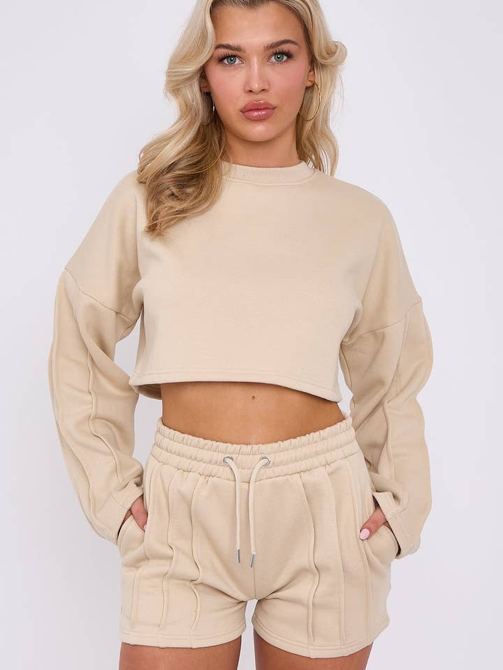 AX Labels - Wholesale Lounge Set - Women's - Seam Detail Oversized Crop Top & Shorts Fleece Co-ord27