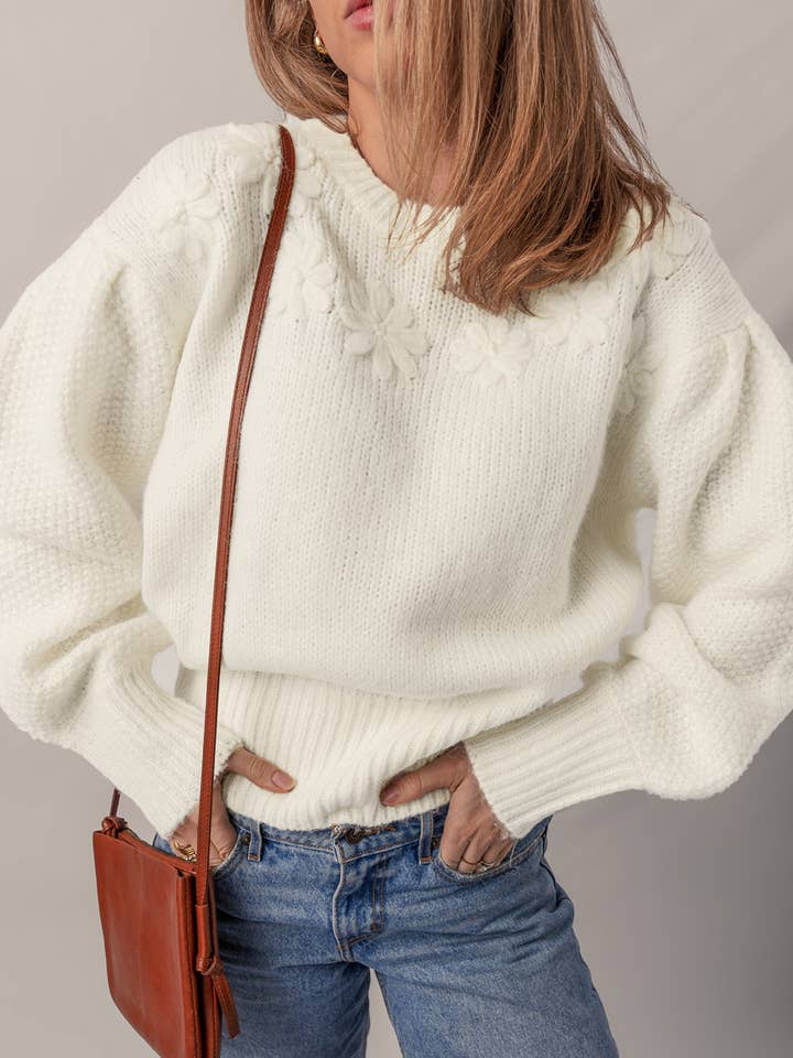 Flower Round Neck Contrast Textured Puff Sleeve Sweater for wholesale by 1 the Woman