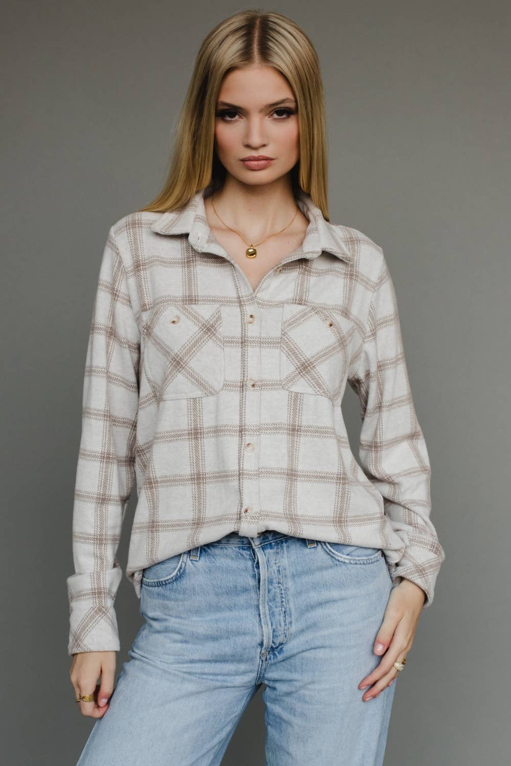 Panache Apparel Co. - Wholesale Button Down Shirt - Women's - Lt. Tan & Brown Plaid Button Up1