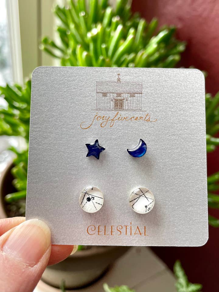 Celestial Duos - stud sets, stars, moon constellation, white for wholesale by joeyfivecents