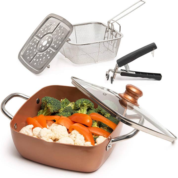 5 Pcs Copper Chef Cookware Set, 9.5” Non Stick Deep Frying Pan, Fry Basket, Steamer Rack, Dishwasher & Oven Safe, 5 Quart Deep Square Pan, Induction Copper Cookware Set - 9.5"x3.5" for wholesale by Moss & Stone