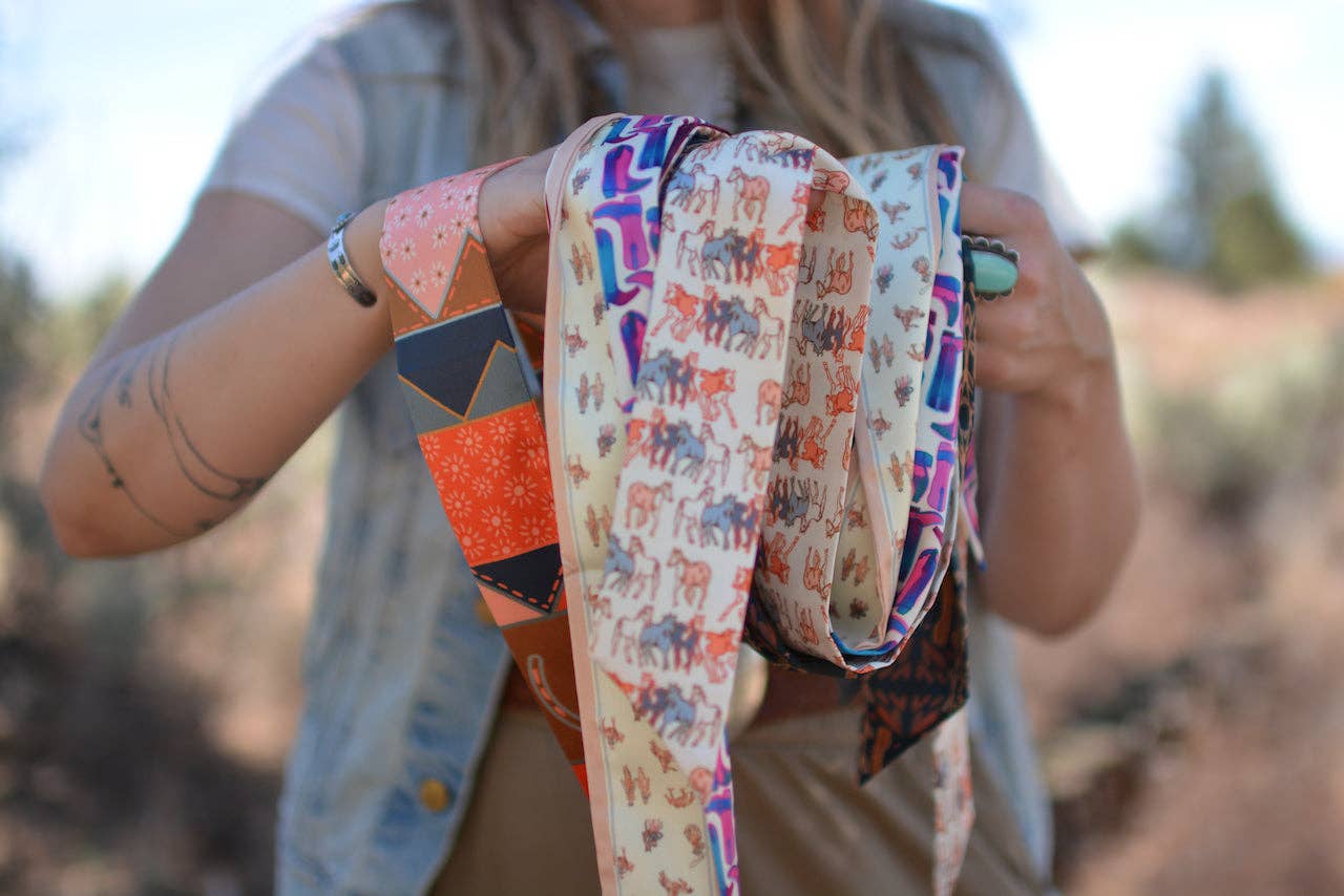 Tirzah Lane Art - Wholesale Scarf - Women's - Frontier Bound Quilted Patchwork Silk Twilly Scarf6