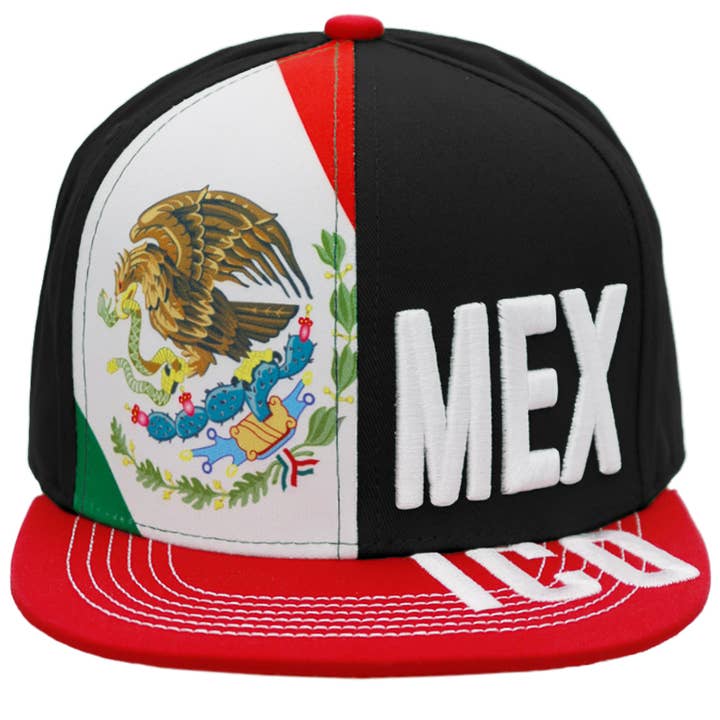 Cap Zone - Wholesale Flat Brim Cap - Unisex - Mexican Flag Coat of Arms Split Flat Bill Snapback