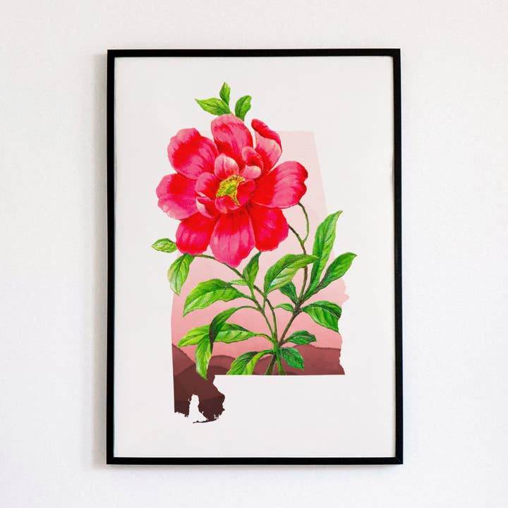 Impression artistique sur le camélia de l'Alabama | State Flower Series pour la vente par Paperfinch Design