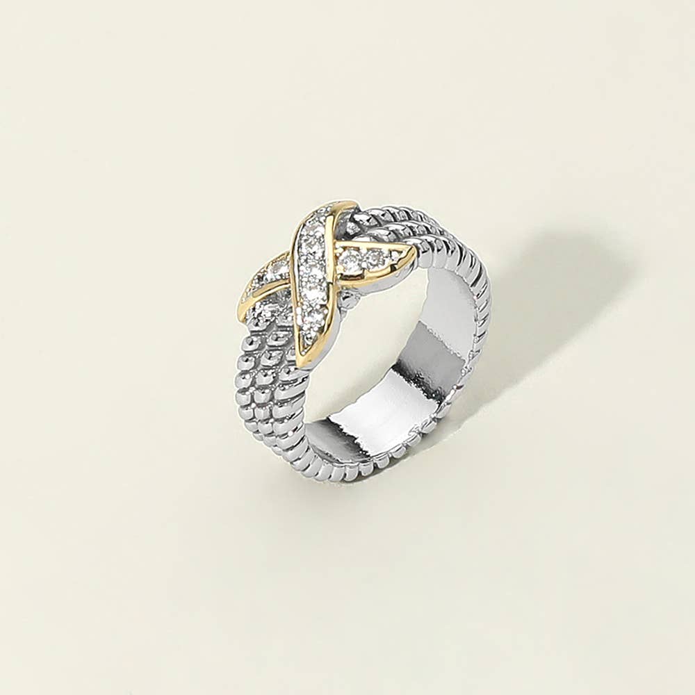 Sensibling Corp. - Wholesale Multi-Stone Ring - Two Tone CZ Stone Paved Crisscross Accent Textured Ring