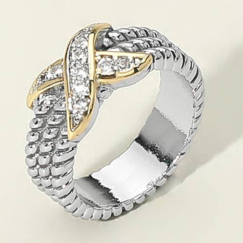 Sensibling Corp. - Wholesale Multi-Stone Ring - Two Tone CZ Stone Paved Crisscross Accent Textured Ring0