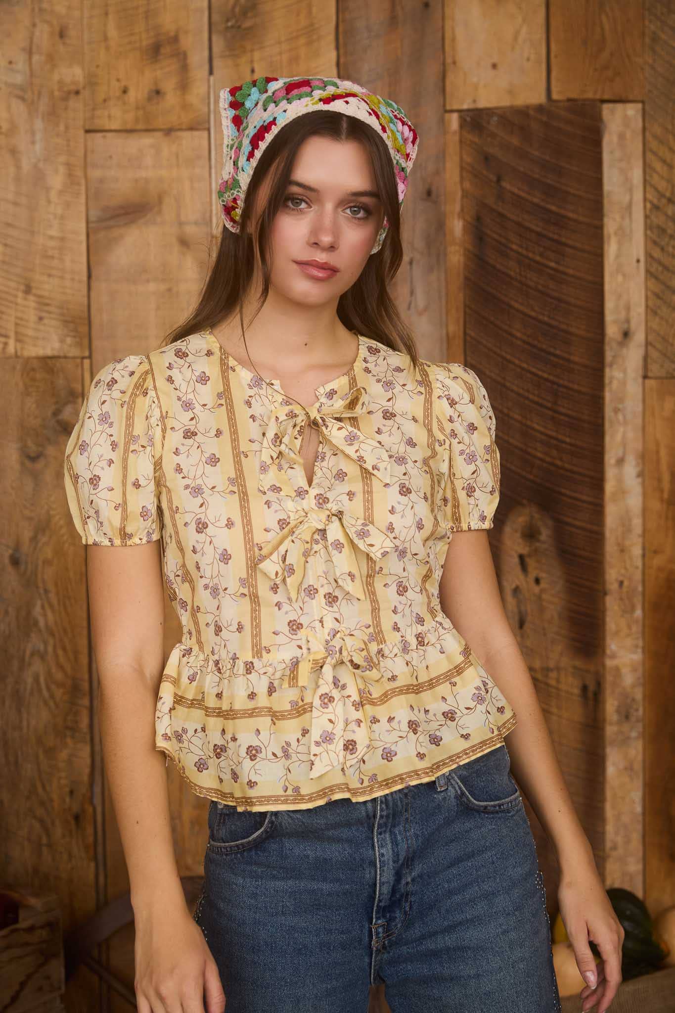 YELLOW MULTI FLORAL STRIPE PATTERN FRONT TIE PUFF SLEEVE BLOUSE for wholesale on Faire3