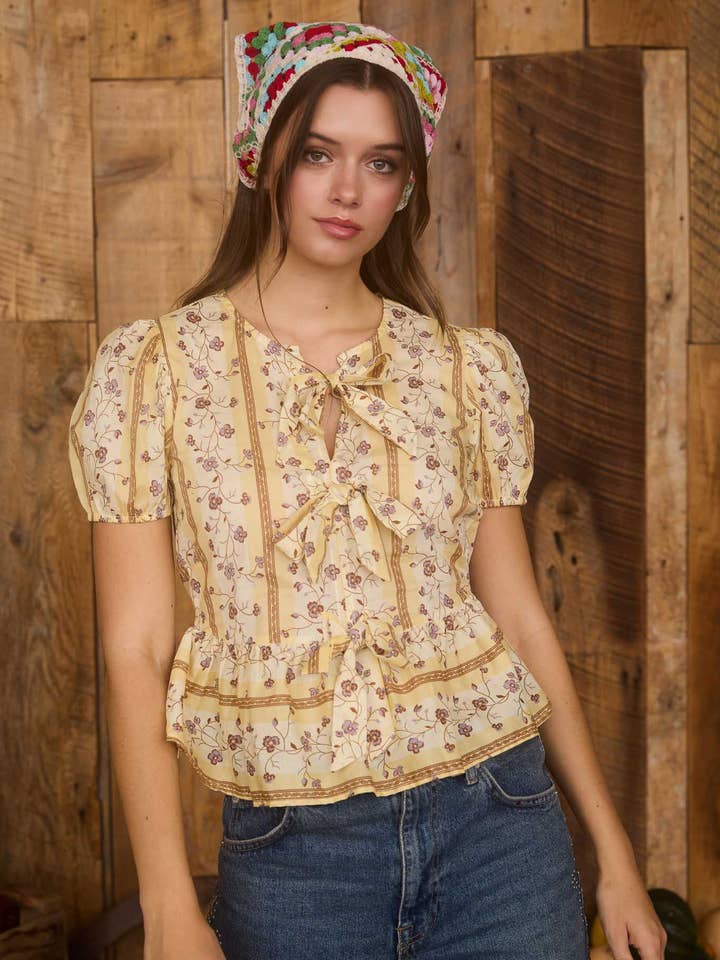 YELLOW MULTI FLORAL STRIPE PATTERN FRONT TIE PUFF SLEEVE BLOUSE for wholesale on Faire3