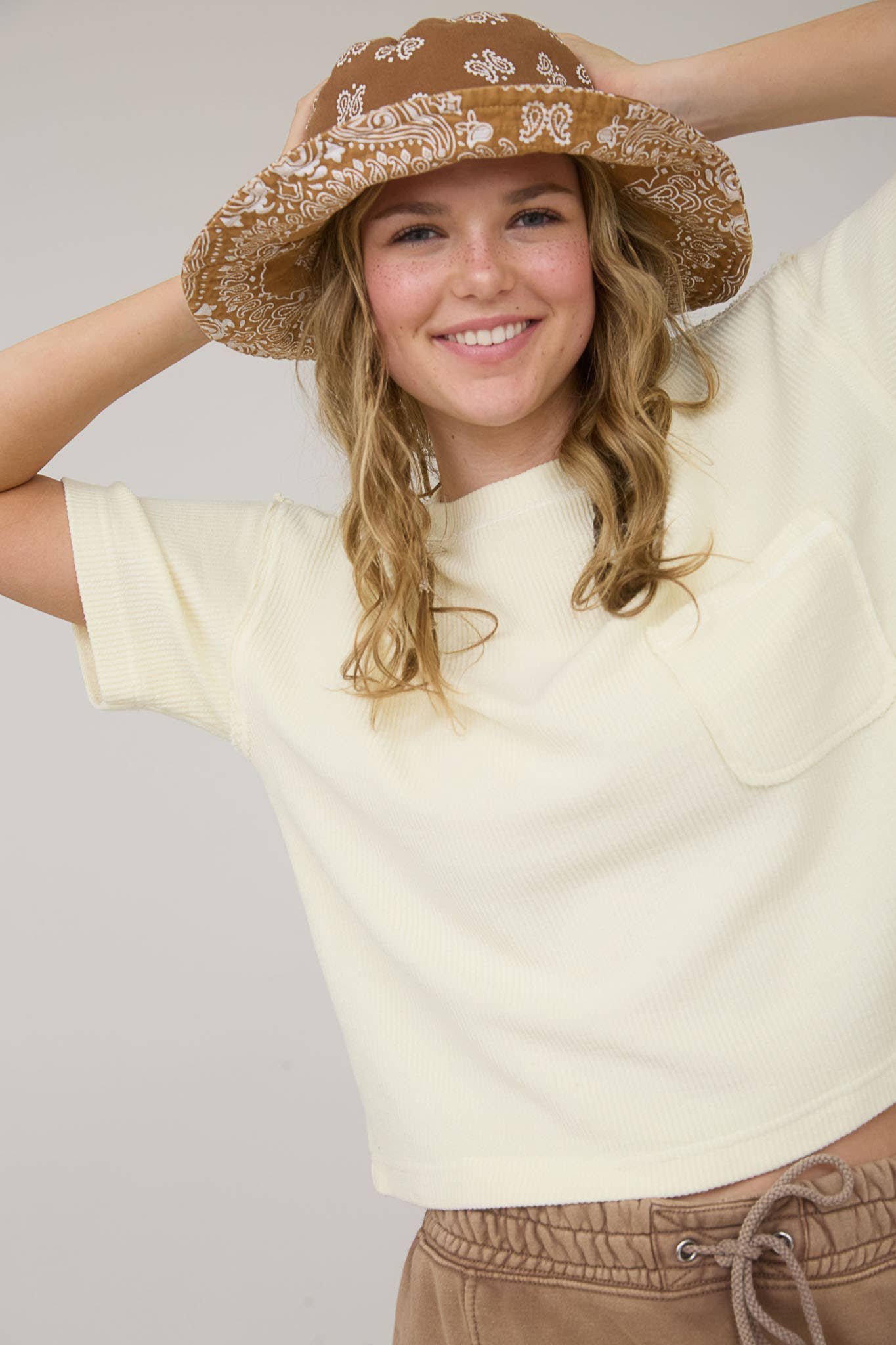 J.O.A - Wholesale Knit Top - Women's - WASHED RIBBED SHORT SLEEVE TEE WITH POCKET