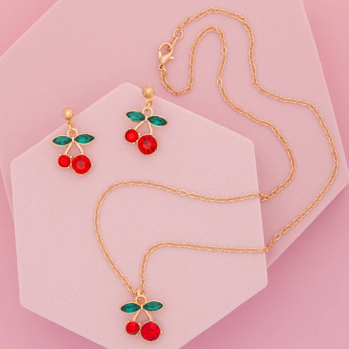 Crystal Embellished Cherry Pendant Necklace & Earring Set for wholesale by SP Sophia Collection