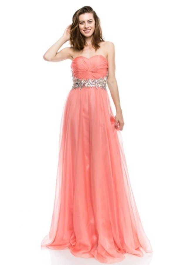 Chicas - Wholesale Gown - Women's - Long Ruched Chiffon Dress With Jewel Rhinestones C55038