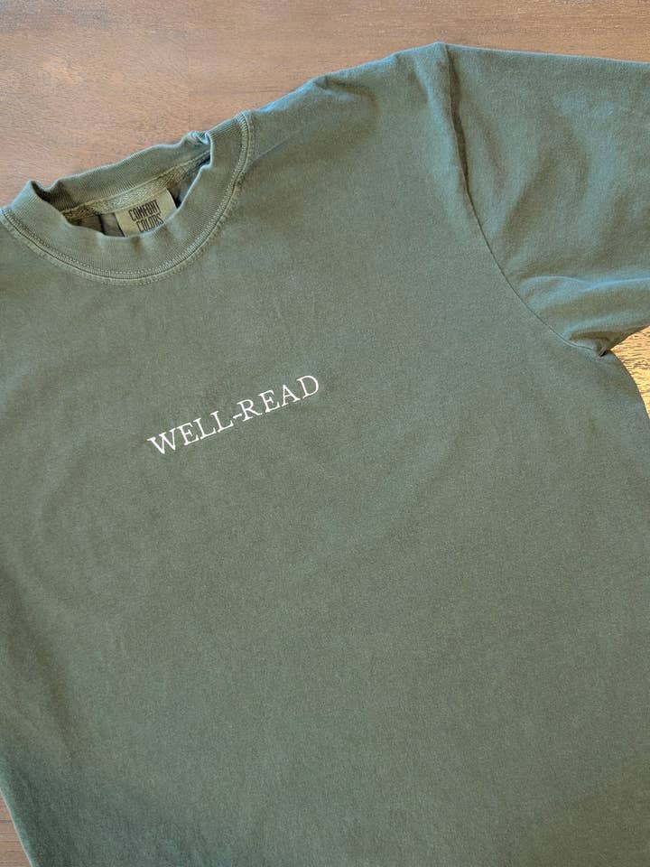 Embroidered Well-Read Comfort Colors Bookish T-Shirt for wholesale by Penelope Annen Design