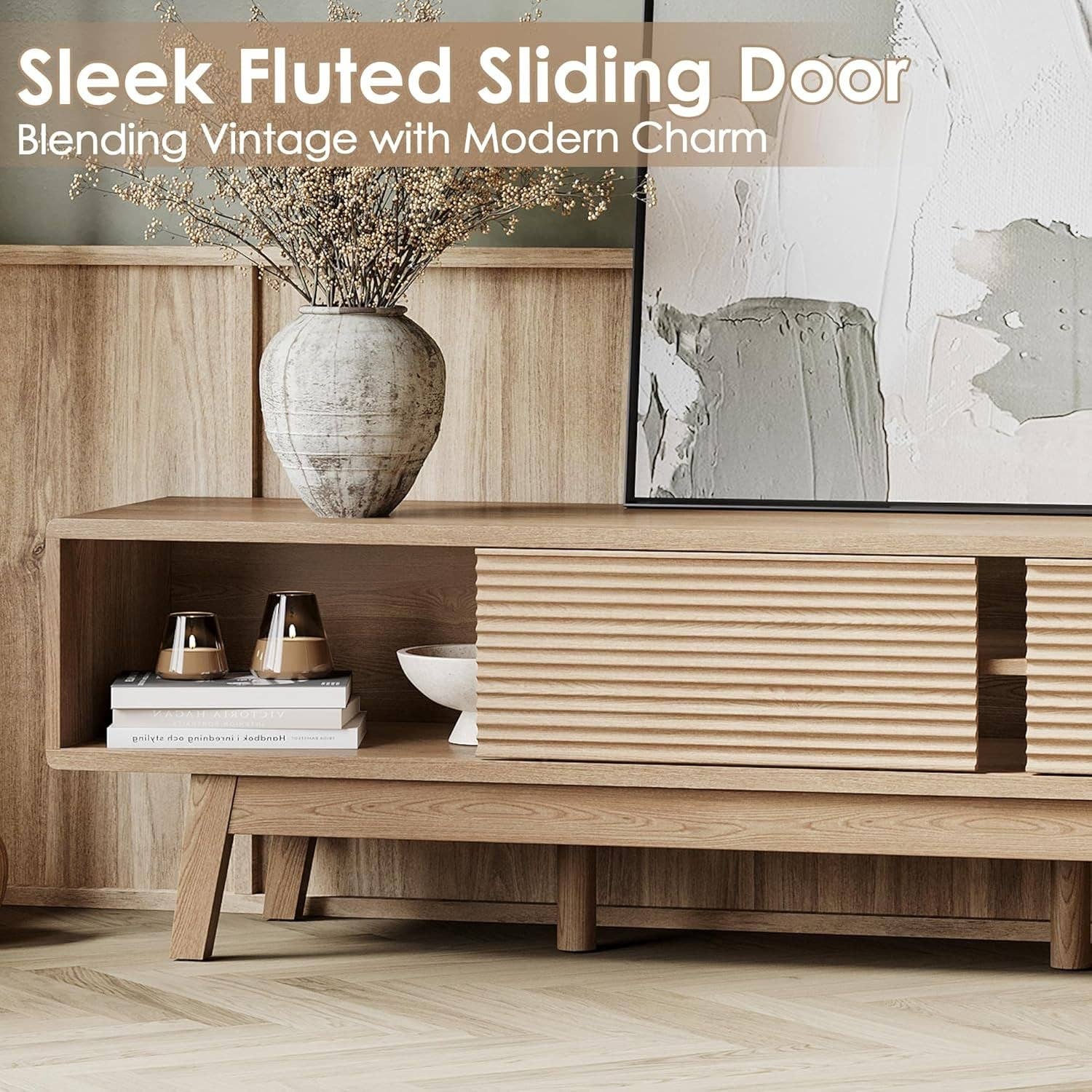 Oak 59 Inch Mid Century Modern TV Console Fluted Doors for wholesale on Faire3