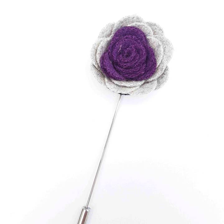 Felt Rose Lapel Pin, Grey and Purple for wholesale by Mrlapel